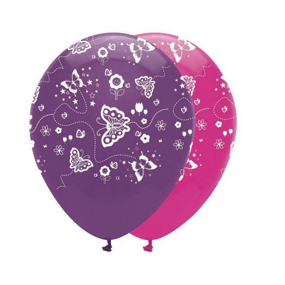 GLOBOS LÁTEX MARIPOSAS FUCSIA Y LILAS