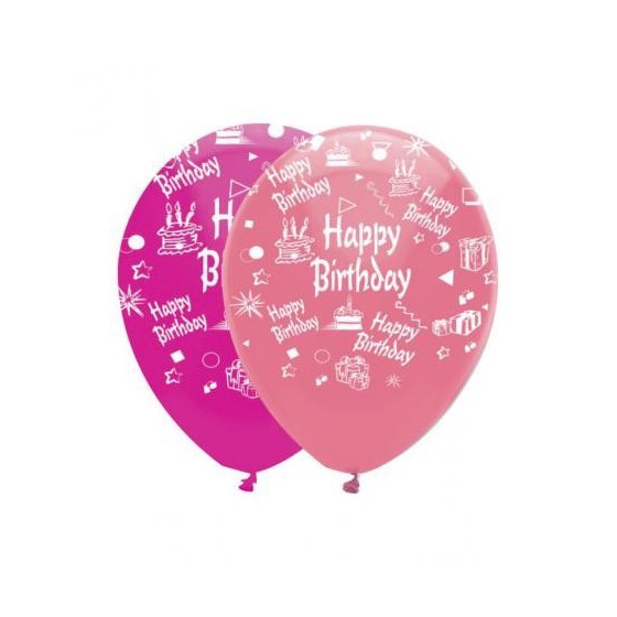 GLOBOS LÁTEX HAPPY BIRTHDAY ROSA Y FUCSIA