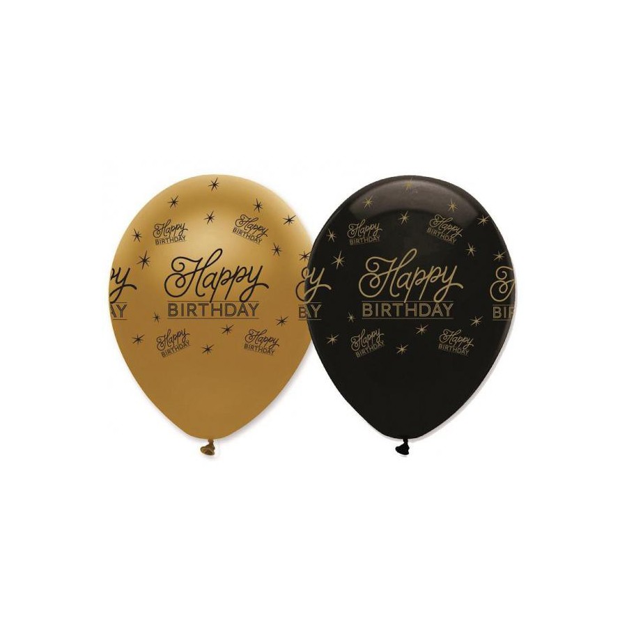 GLOBO LATEX BLACK AND GOLD HAPPY BIRTHDAY