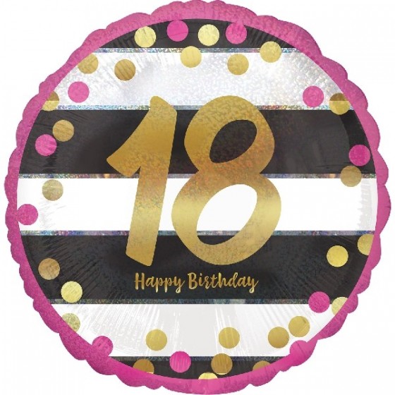 GLOBO FOIL 18 HAPPY BIRTHDAY FUCSIA Y ORO HOLOGRAF