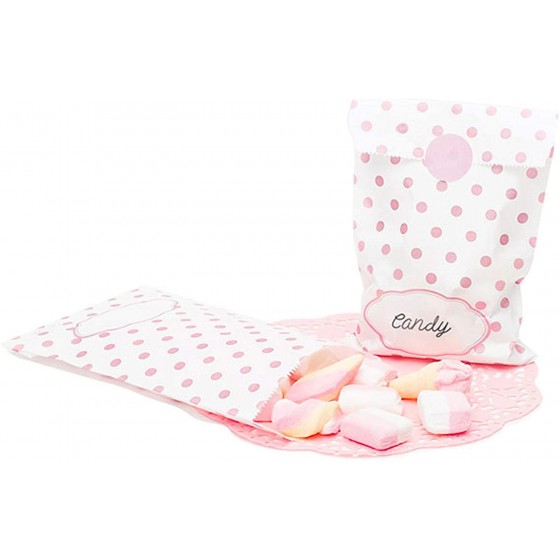 10 BOLSAS PUNTOS ROSA 13X20 CON STICKER