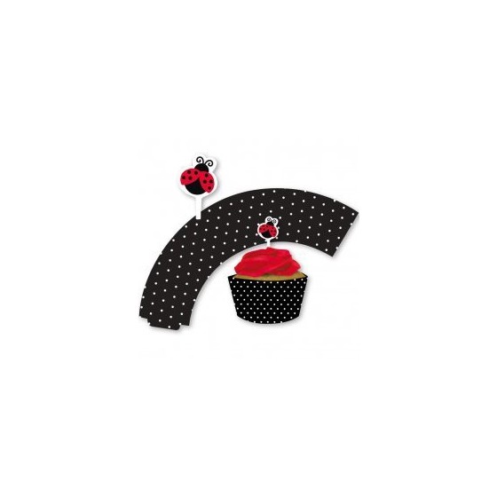 12 CUPCAKES WRAPPERS CON TOPPERS A JUEGO LADY BUG FANCY