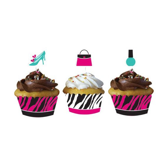 12 CUPCAKES WRAPPERS CON TOPPERS PINK ZEBRA