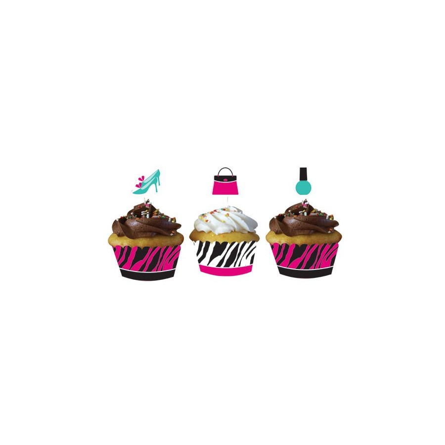 12 CUPCAKES WRAPPERS CON TOPPERS PINK ZEBRA